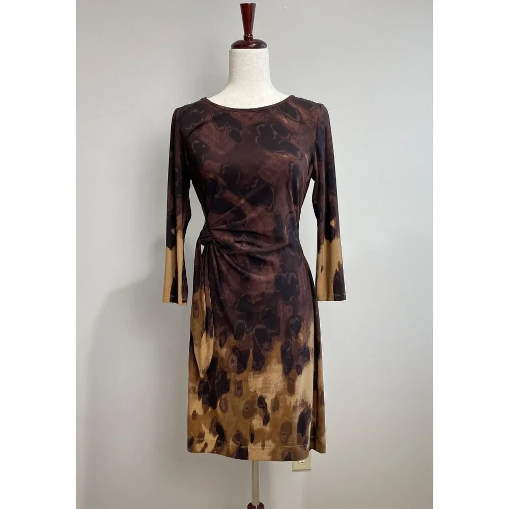 New Directions Pencil Dress Womens S Brown Watercolor Print Gathered Waist